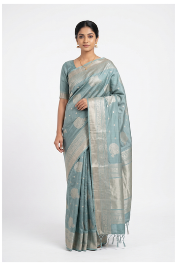 Ice Blue Pure Silk Saree With Silver Zari Butta And Grand Woven Pallu