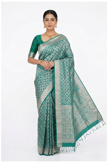 Emerald Green Pure Silk Saree With All Over Silver Zari Jaal Weaving