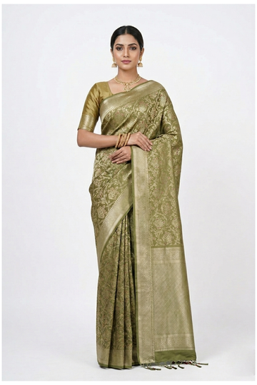 Olive Green Pure Silk Saree With All Over Zari Floral Jaal Weaving