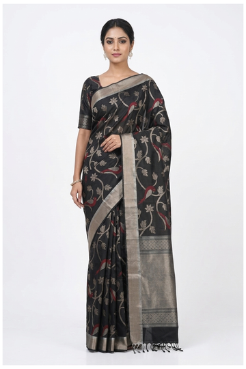 Black Pure Silk Saree With Floral Vine And Bird Inspired Zari Weaving