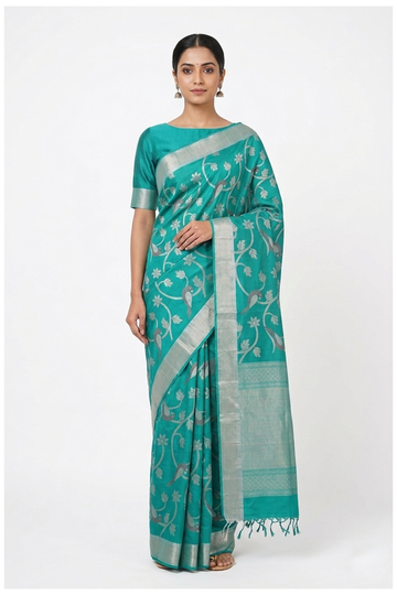 Turquoise Pure Silk Saree With Floral Vine And Bird Motif Silver Zari Weaving