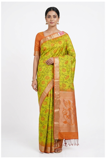 Lime Green Floral Pure Silk Saree With Elegant Woven Pallu