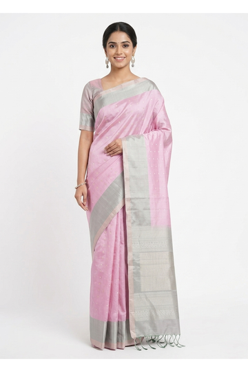 Baby Pink Pure Silk Saree With Silver Zari Butta Weaving