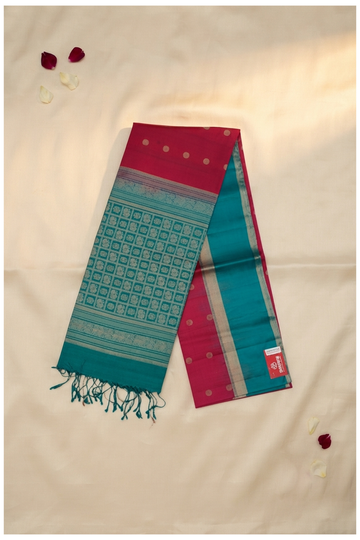 Premium Rani Pink & Peacock Green Pure Silk Saree With Zari Butta