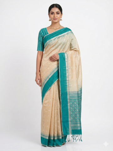 Cream Pure Silk Saree With Silver Zari Butta Weaving And Teal Border