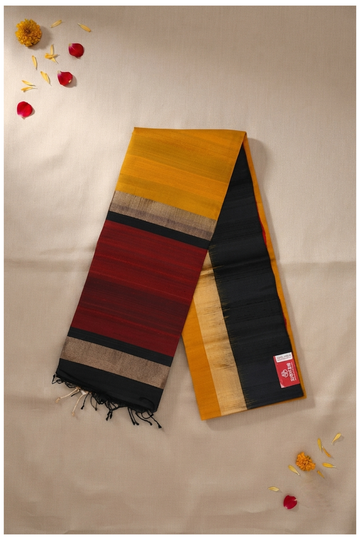 Premium Mustard Yellow & Black Pure Silk Saree With Contrast Red Pallu