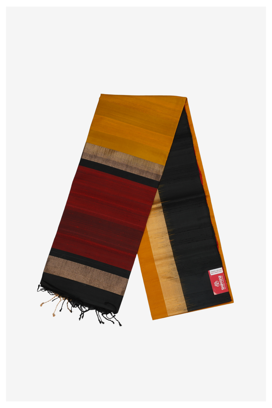 Premium Mustard Yellow & Black Pure Silk Saree With Contrast Red Pallu