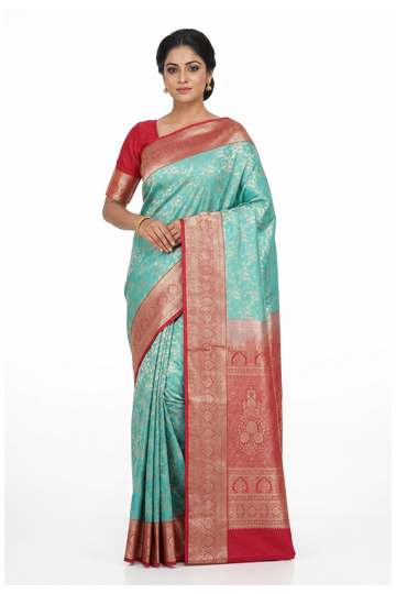 Aqua Blue Banarasi Silk Saree With Jaal Weaving