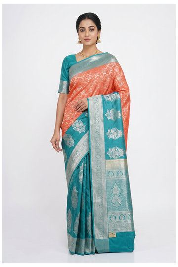 Coral Banarasi Silk Saree With Jaal Weaving