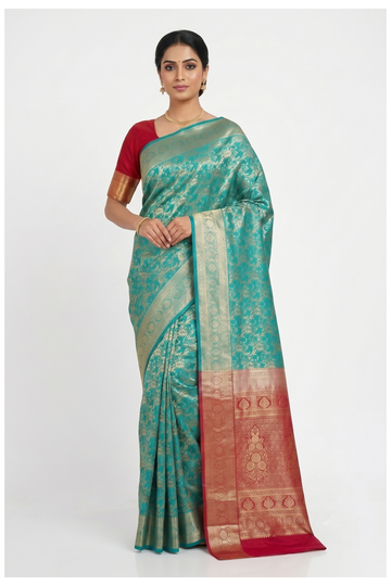Teal Banarasi Silk Saree With Jaal Weaving