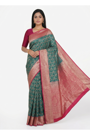 Teal Banarasi Silk Saree With Jaal Weaving