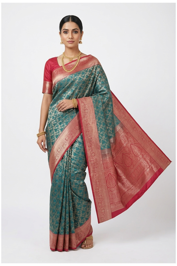 Teal Banarasi Silk Saree With Jaal Weaving