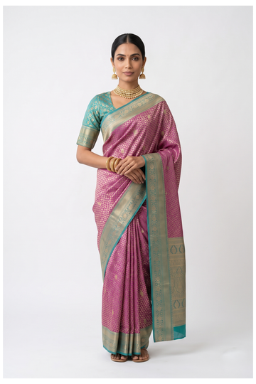 Magenta Zari Woven Saree With Teal Border