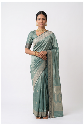 Teal South Silk Tissue Saree For Wedding & Party Wear