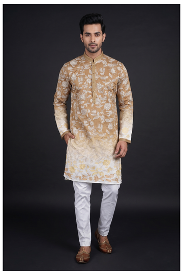 Light Gold Floral Embroidered Men'S Kurta