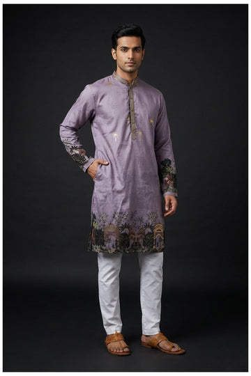 Lavender Heritage Landscape Printed Men’S Kurta Set