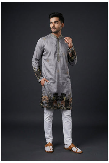 Steel Grey Heritage Landscape Printed Men’S Kurta Set