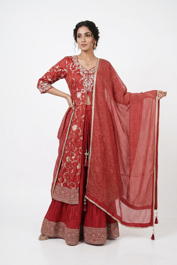 Elegant Crimson Red Embroidered Kurta Set with Dupatta &amp; Sharara