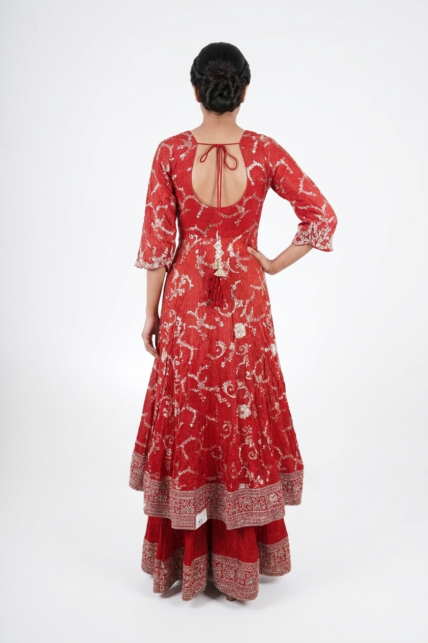 Elegant Crimson Red Embroidered Kurta Set with Dupatta &amp; Sharara