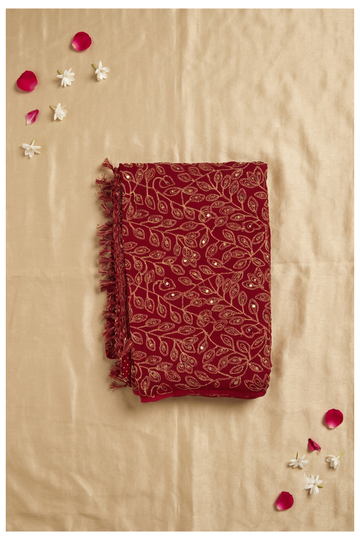 Elegant Maroon Red Georgette Saree With Gold Leaf Embroidery And Sequins