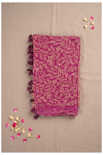 Elegant Magenta Georgette Saree With All-Over Gold Zari Floral Embroidery And Mirror Highlights