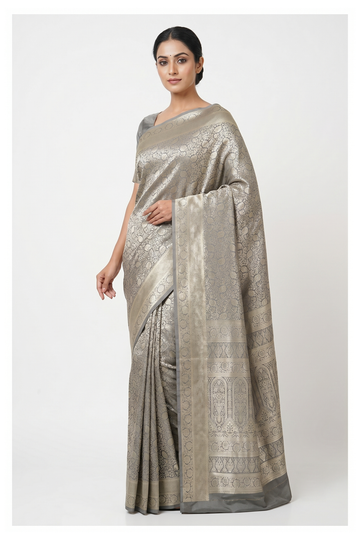 Champagne Grey Banarasi Silk Saree With Jaal Weaving