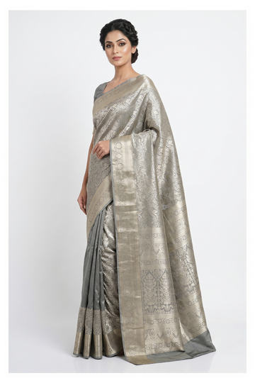 Grey Banarasi Silk Saree With Jaal Weaving