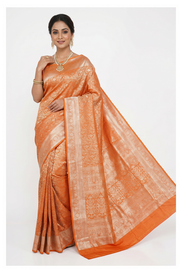 Tangerine Orange Banarasi Silk Saree With Weaving