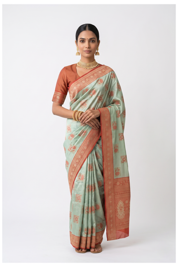 Light Sage Green South Tissue Silk Wedding Saree