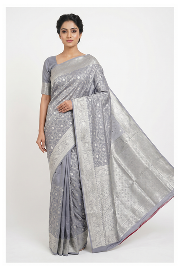 Silver Grey Banarasi Silk Saree With Jaal Weaving