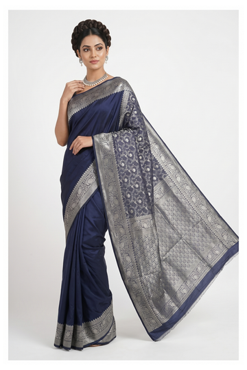 Navy Blue Banarasi Silk Saree With Jaal Weaving