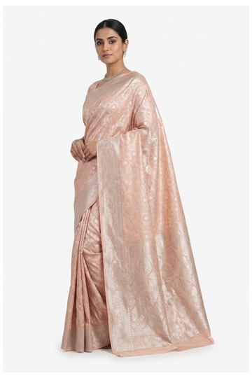 Blush Pink Banarasi Silk Saree With Jaal Weaving