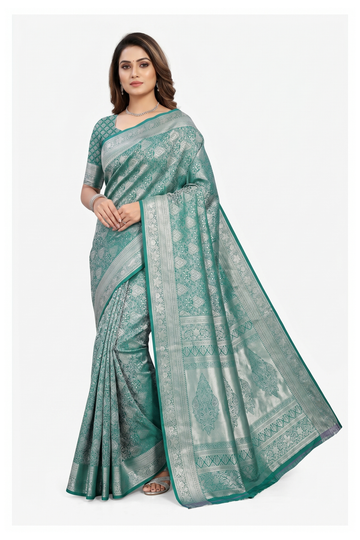 Teal Banarasi Silk Saree With Jaal Weaving