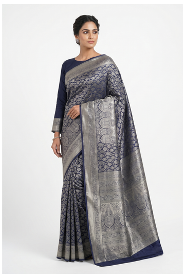 Midnight Blue Banarasi Silk Saree With Jaal Weaving