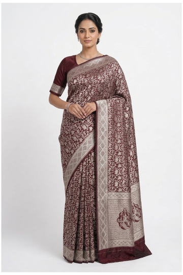 Wine Banarasi Pure Silk Wedding Party Wear Saree