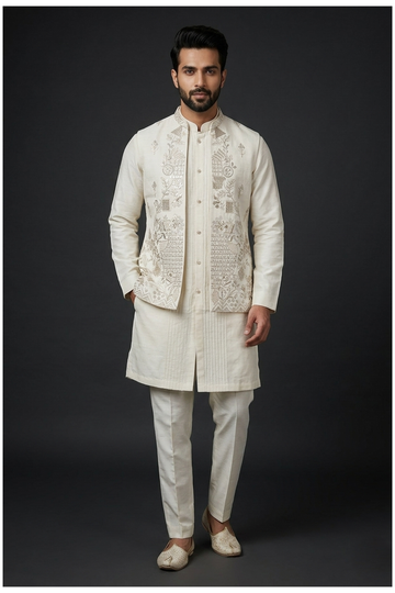 Men'S Embroidered Kurta Set With Koti