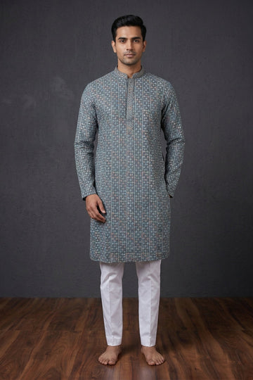 Steel Blue Embroidered Men’S Festive Kurta