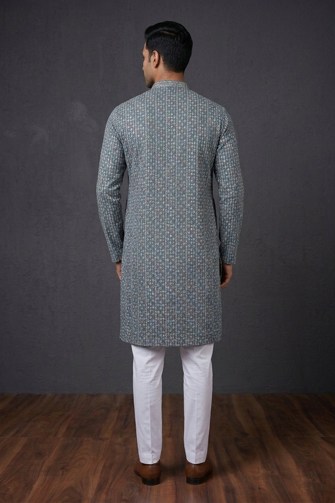 Steel Blue Embroidered Men’S Festive Kurta