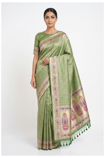 Sage Green Banarasi Silk Saree With Jaal Weaving