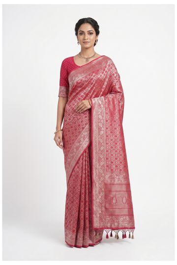 Magenta Banarasi Silk Saree With Hand Work Weaving