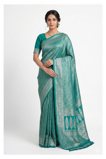 Teal Banarasi Silk Saree With Hand Work Weaving