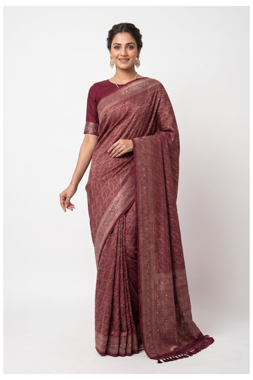 Wine Banarasi Silk Saree With Hand Workweaving