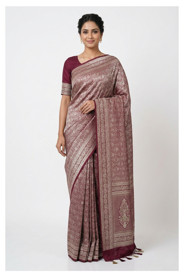 Wine Banarasi Silk Saree With Hand Work Weaving