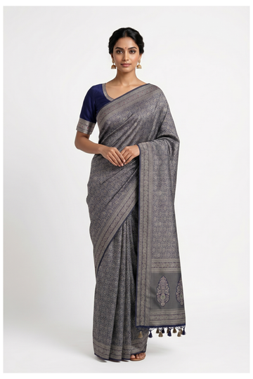 Deep Blue Banarasi Silk Saree With  Hand Work Weaving