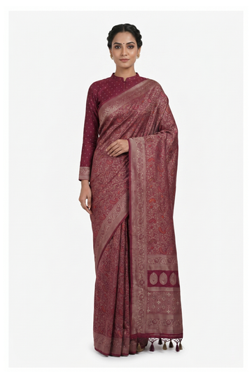 Wine Banarasi Silk Saree With Hand Work Weaving
