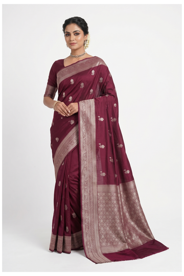 Wine Banarasi Art Silk Wedding Partywear Saree