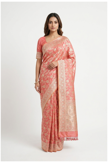 Coral Pink Banarasi Pure Silk Wedding & Party Wear Saree
