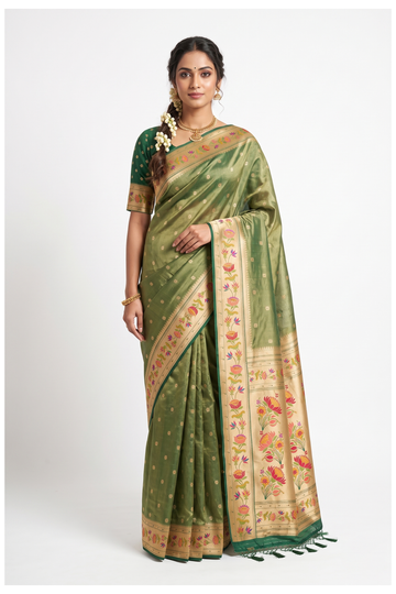 Pale Olive Green South Silk Tissue Art Silk Wedding Party Wear