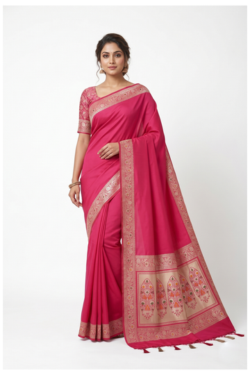Rani Pink Patola Saree With Weaving