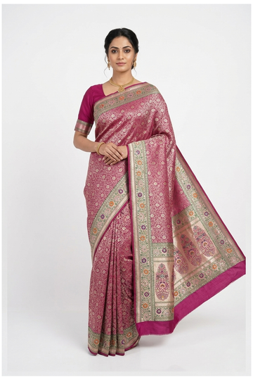 Wine Banarasi Pure Silk Wedding Saree